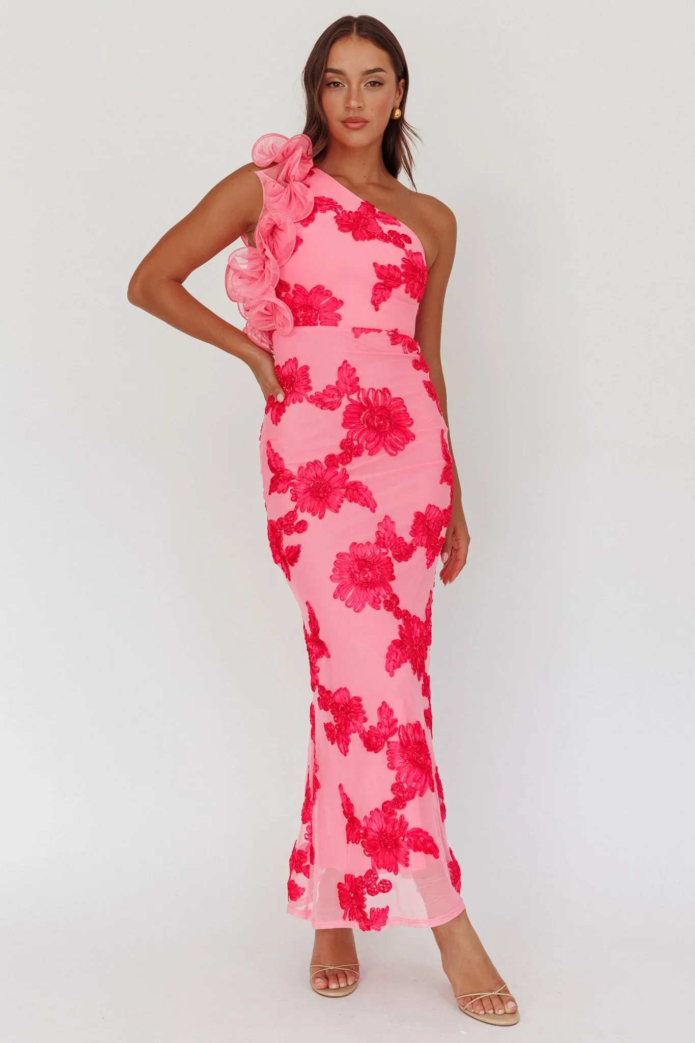 Deanna One-Shoulder Ruffle Maxi Dress Floral Pink - luluinthesky