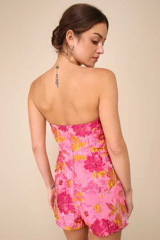 Sensational Excellence Pink Jacquard Strapless Skort Romper - luluinthesky