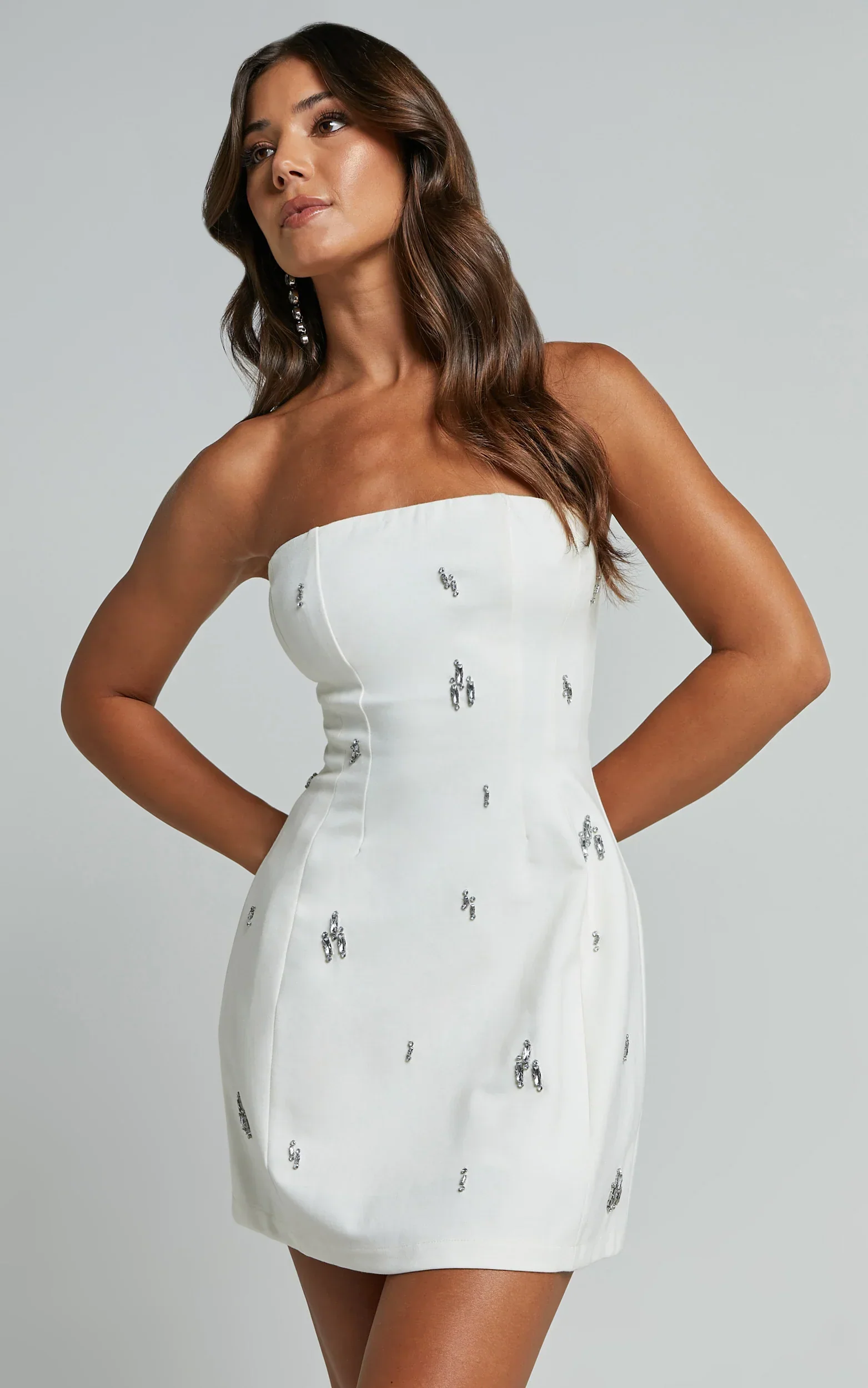 Anziel Mini Dress Strapless Structured Cluster Embellishment Dress in White - luluinthesky