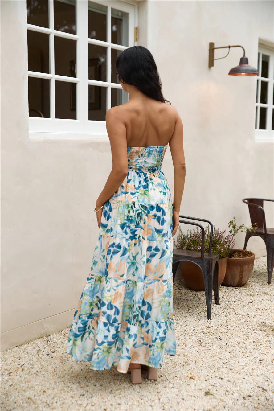 Rainforest Oasis Strapless Maxi Dress Blue - luluinthesky