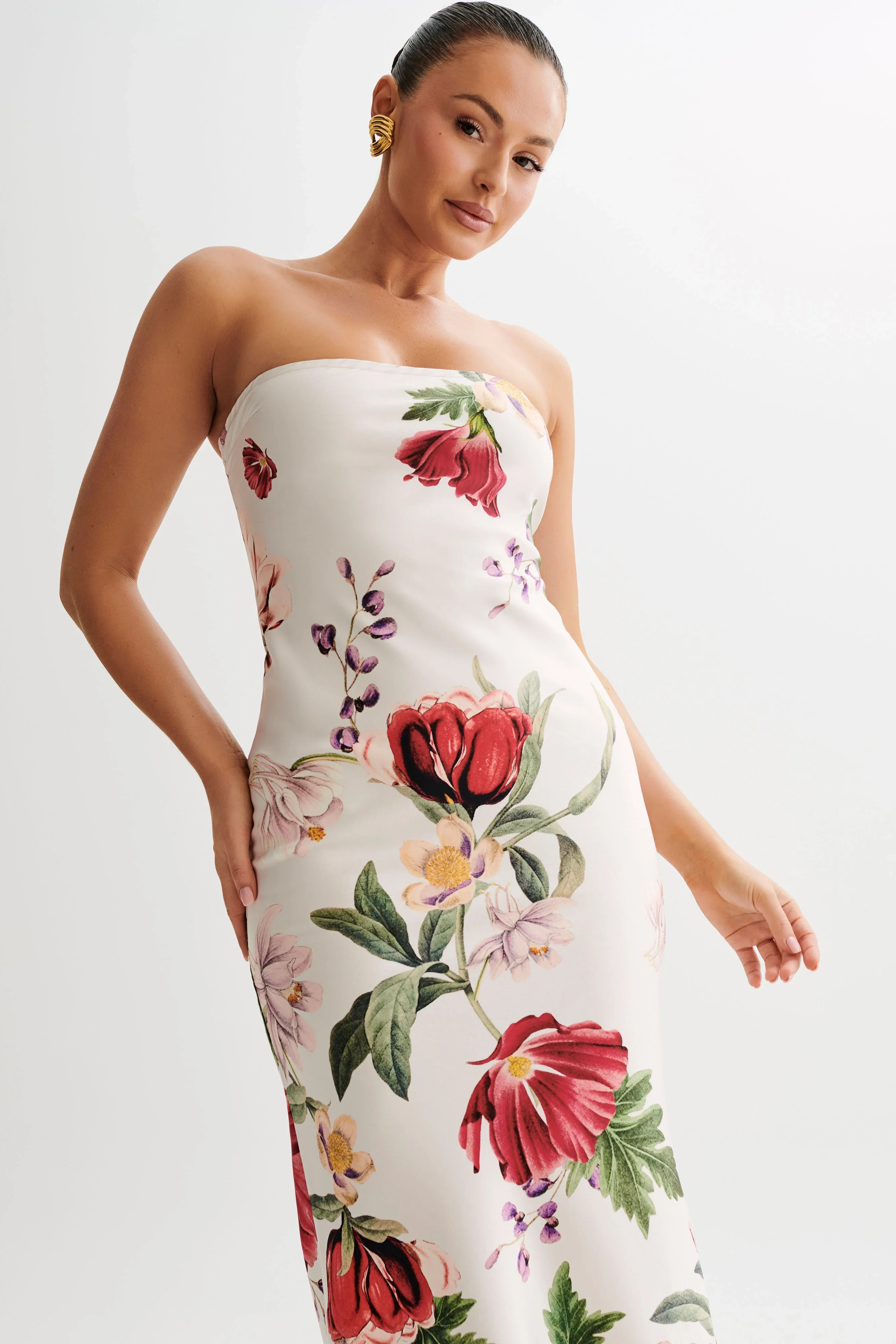 Claudette Strapless Satin Maxi Dress - Bella Rosa Print - luluinthesky