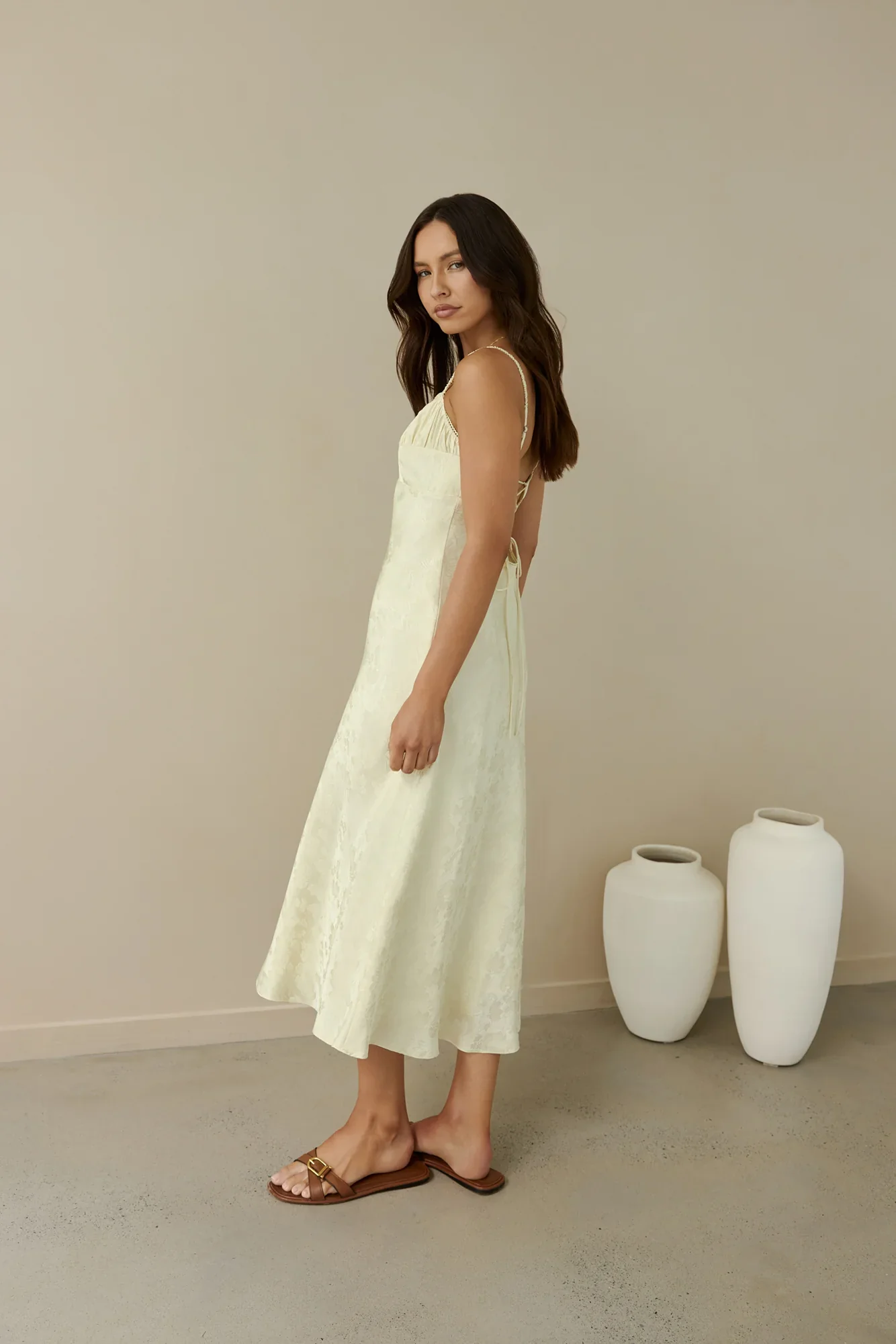 Kaiya Jacquard Satin Midi Dress Yellow - luluinthesky