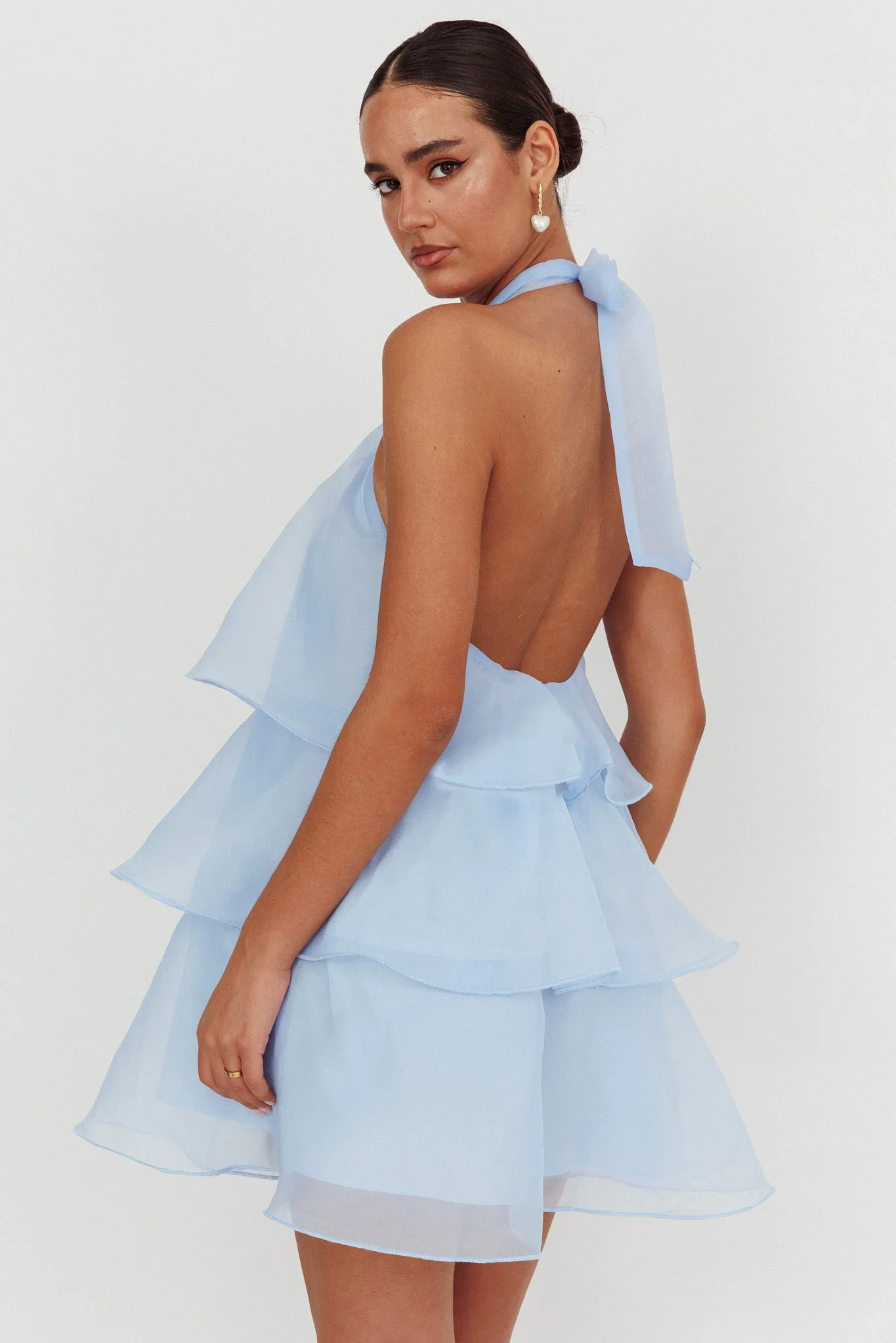 Tulips Tiered Halterneck Mini Dress Baby Blue - luluinthesky