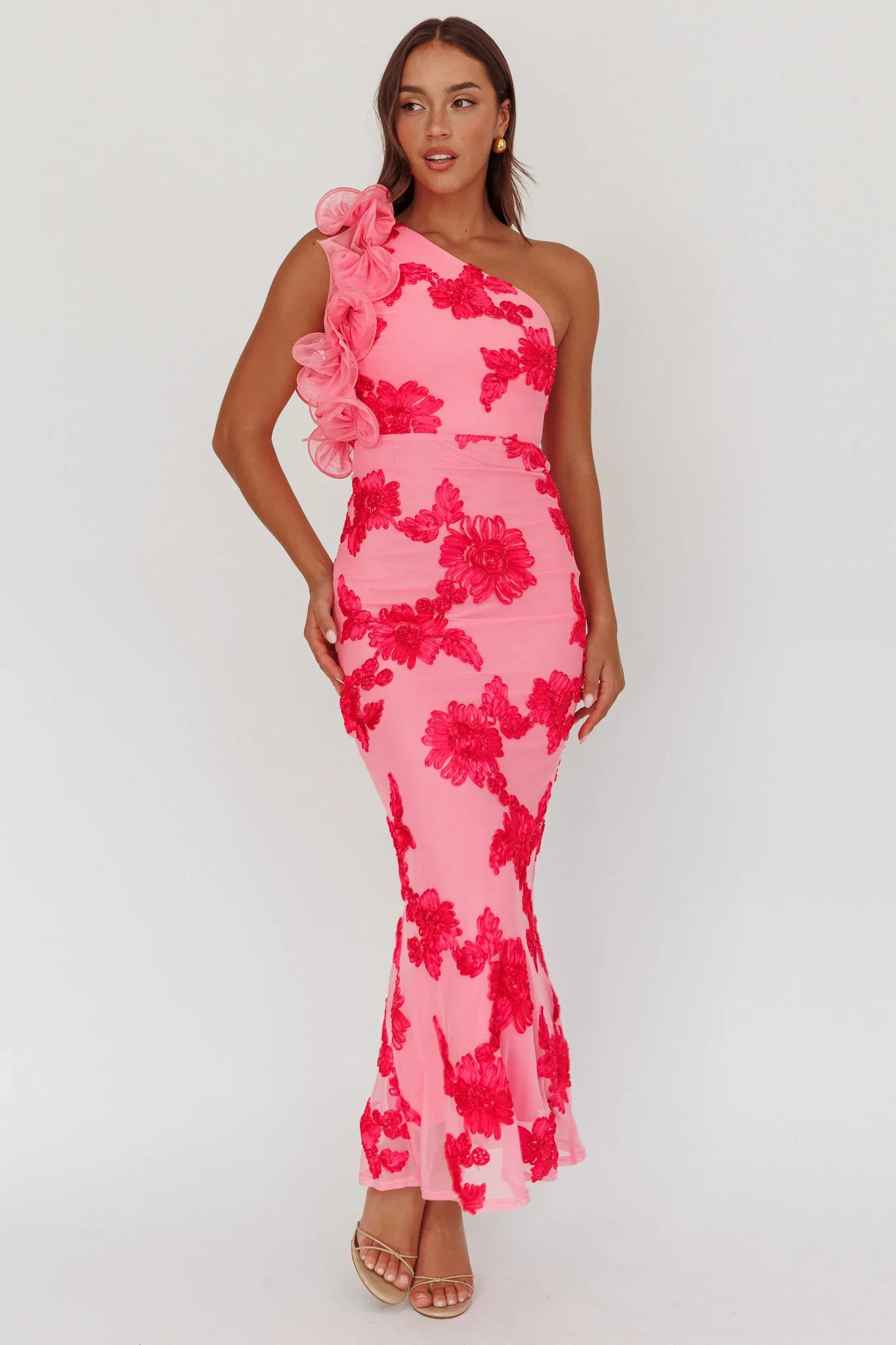 Deanna One-Shoulder Ruffle Maxi Dress Floral Pink - luluinthesky