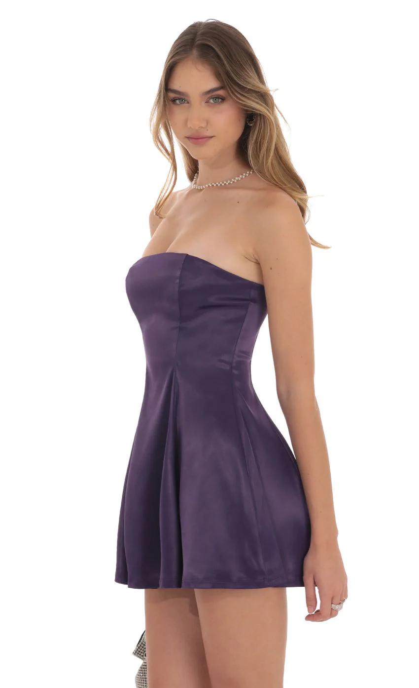 Strapless Satin Fit and Flare Dress in Purple - luluinthesky
