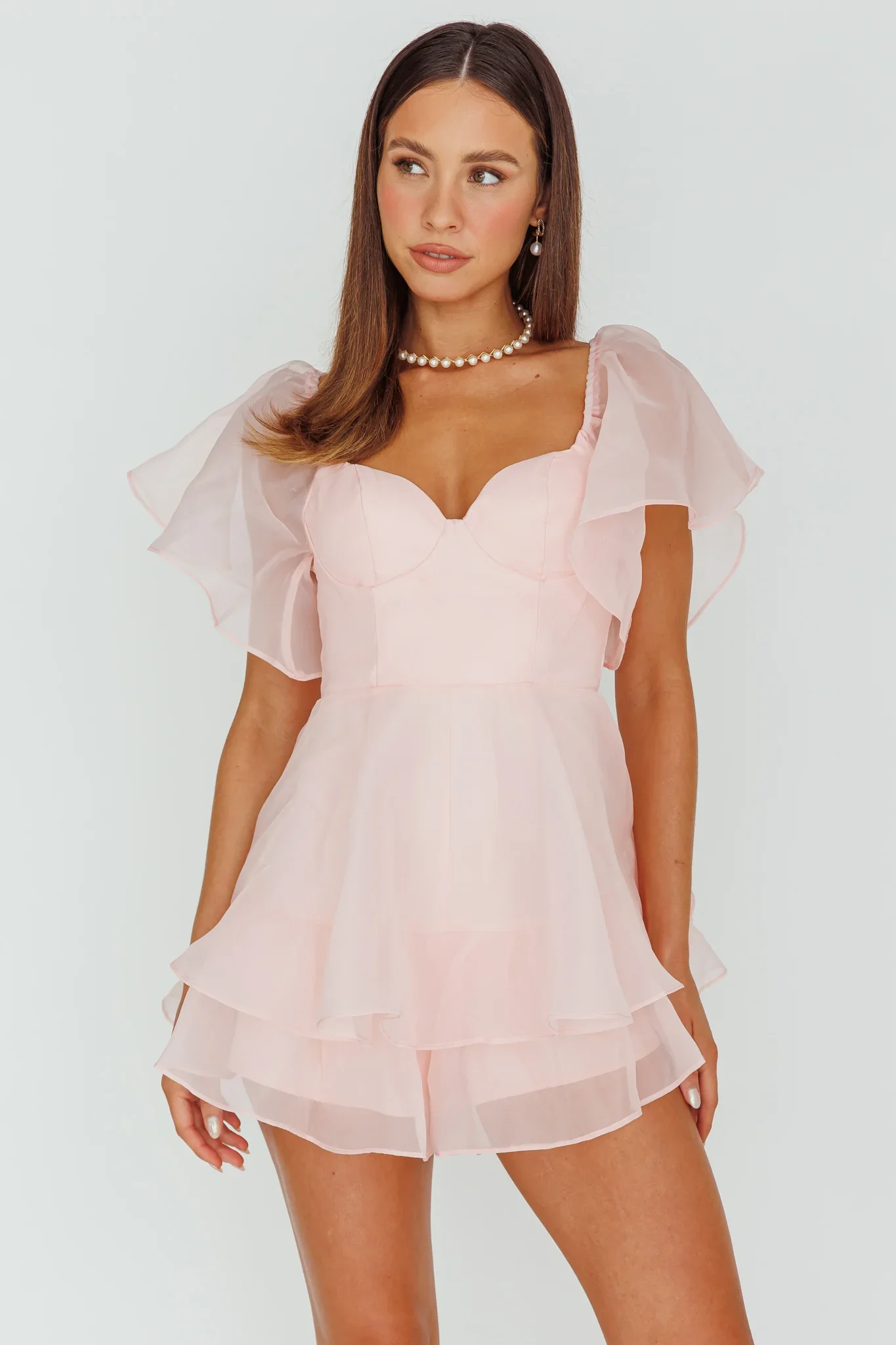 Aphrodite Angel Sleeve Layered Romper Pink - luluinthesky