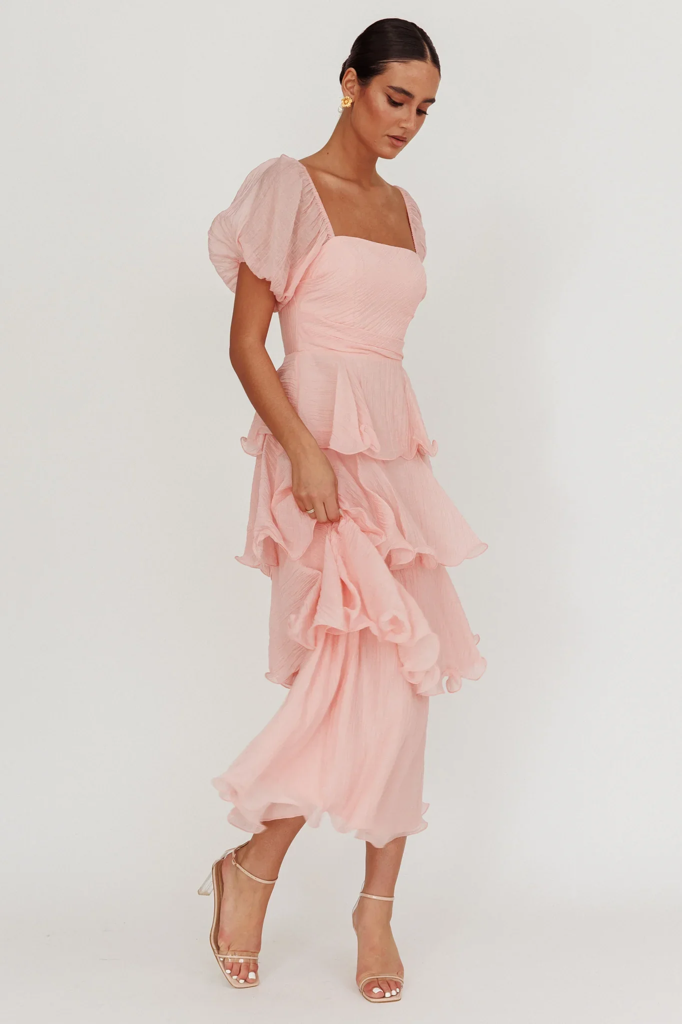 Giavana Puff Sleeve Layered Maxi Dress Baby Pink - luluinthesky