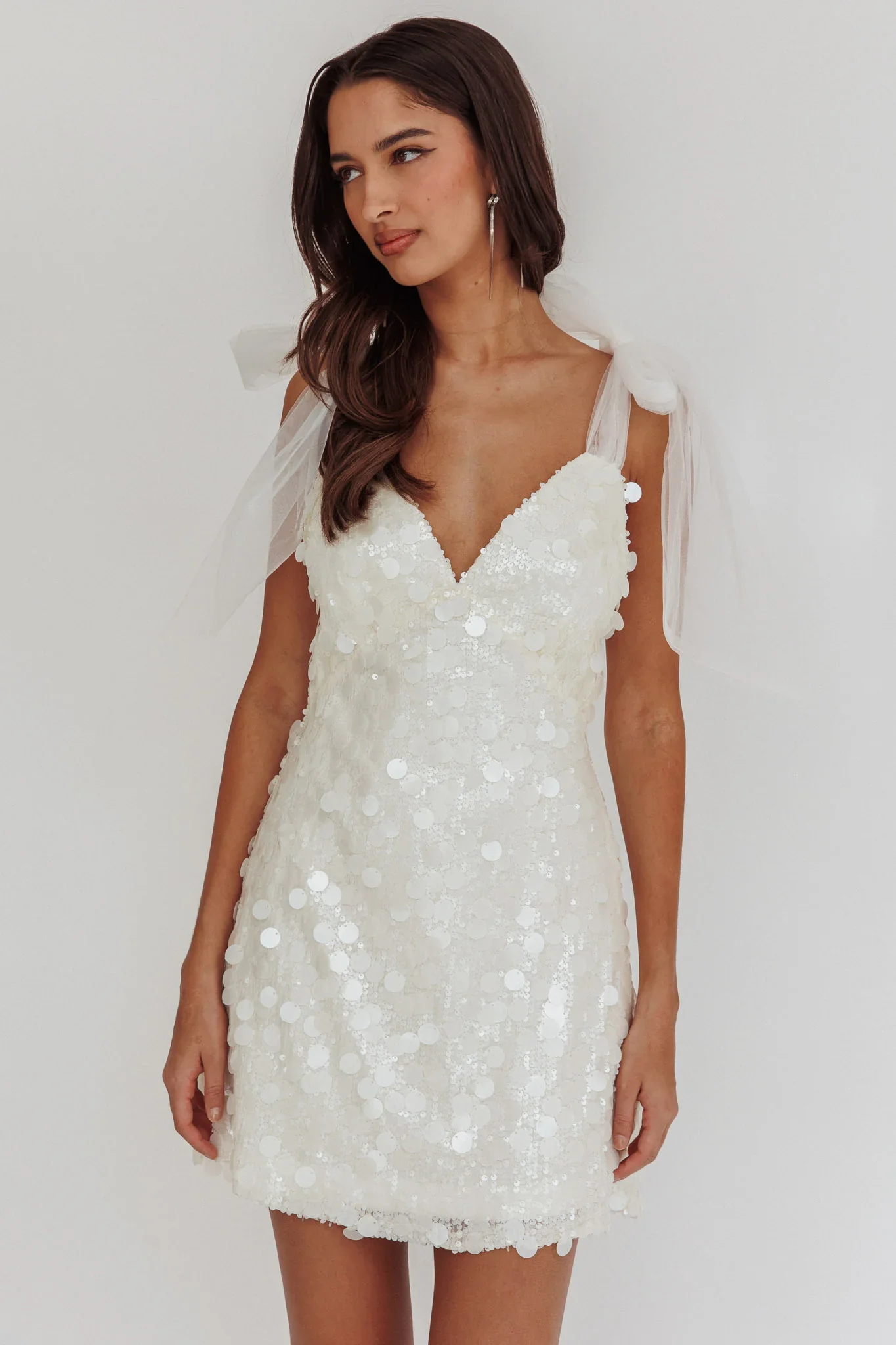 Mykonos Morning Tied Shoulder Sequin Mini Dress White - luluinthesky