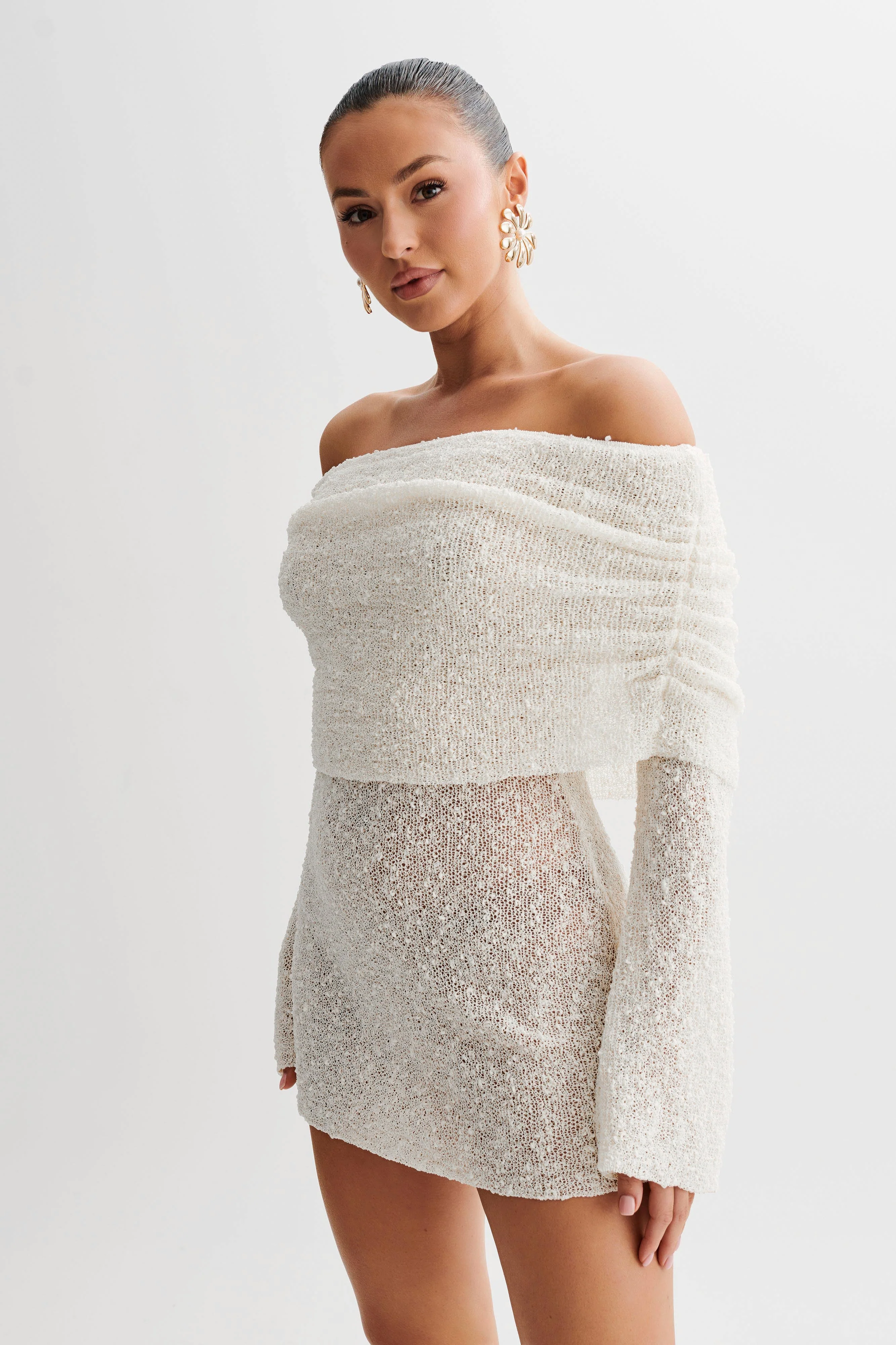 Marisol Off Shoulder Boucle Mini Dress - Ivory - luluinthesky