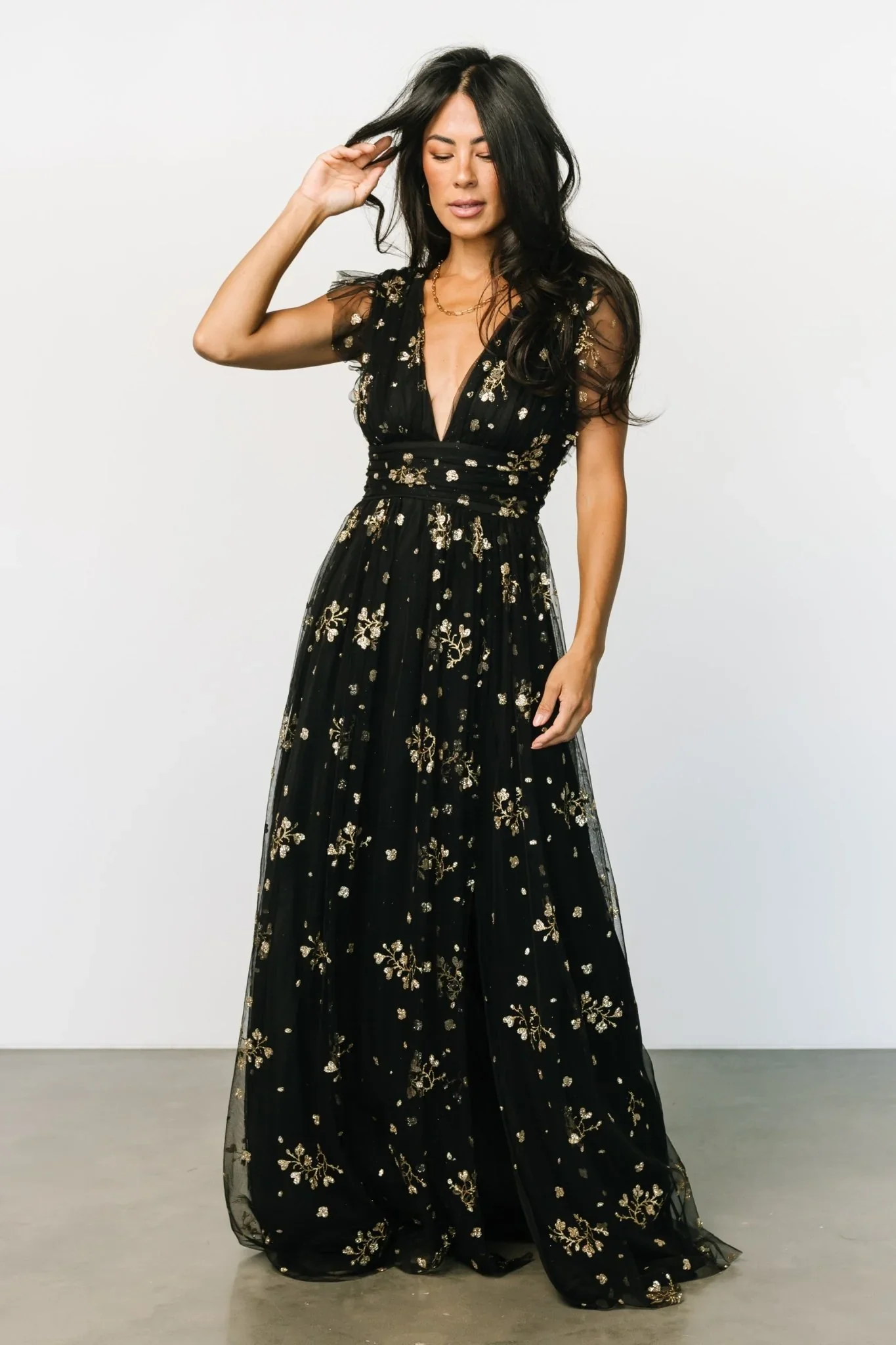 Natalia Floral Embellished Maxi Dress | Black + Gold - luluinthesky