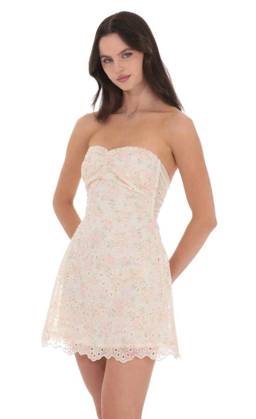 Eyelet Floral Strapless Dress in Cream - luluinthesky