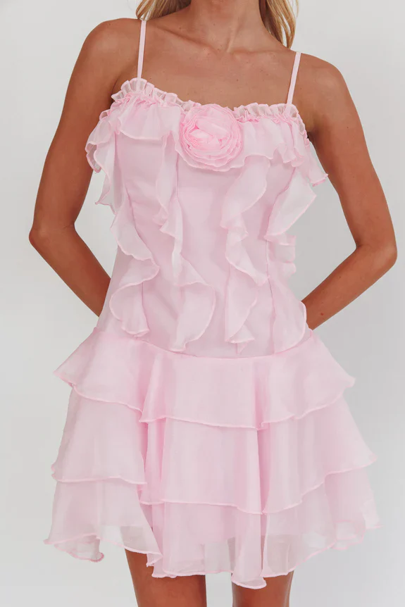 Sweetest Things Frill Trim Rosette Mini Dress Pink - luluinthesky