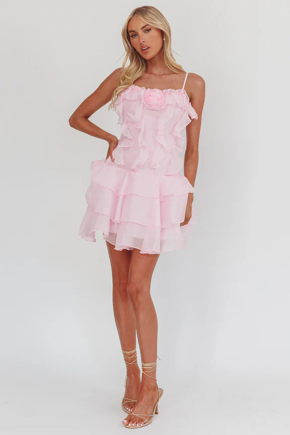 Sweetest Things Frill Trim Rosette Mini Dress Pink - luluinthesky