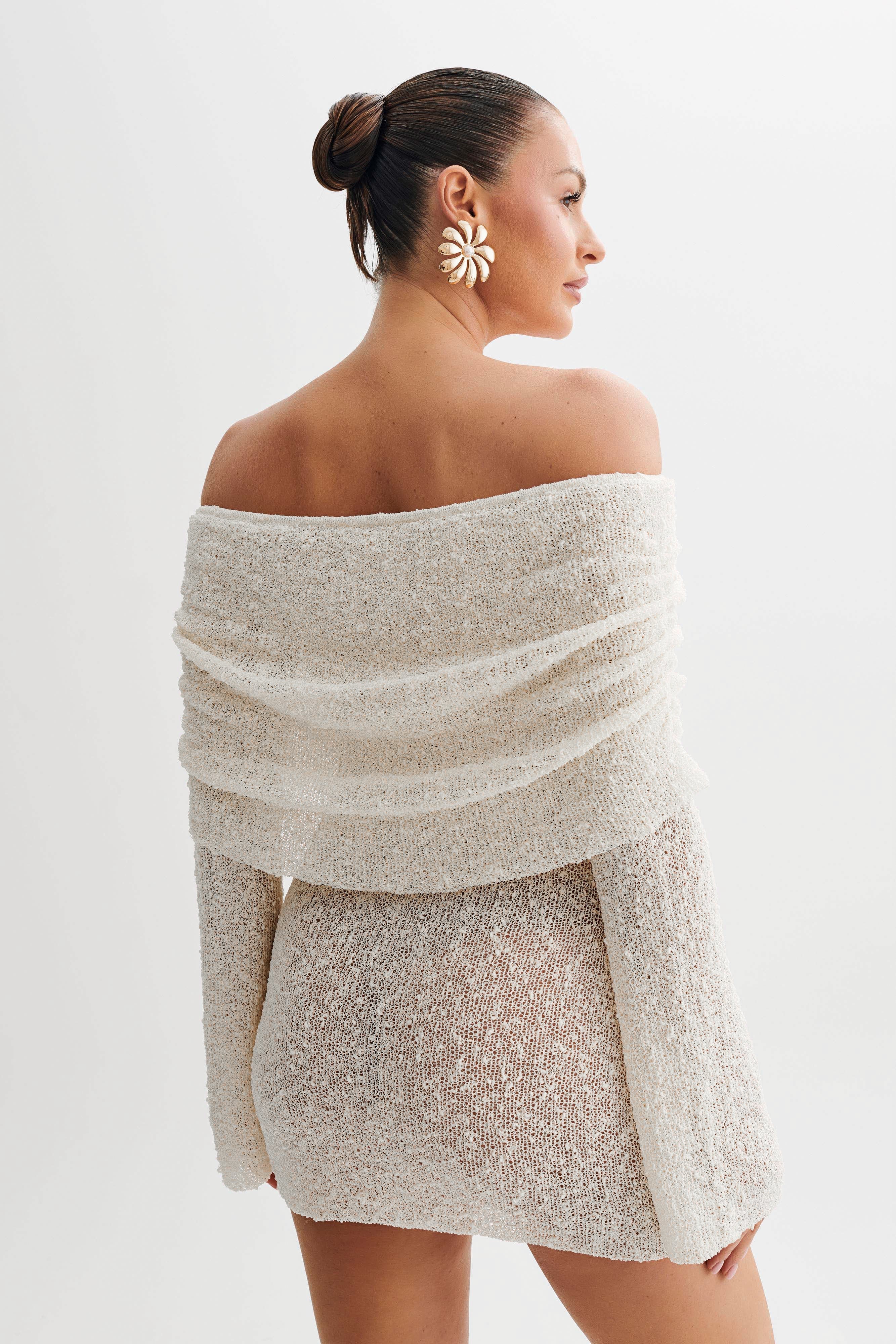 Marisol Off Shoulder Boucle Mini Dress - Ivory - luluinthesky