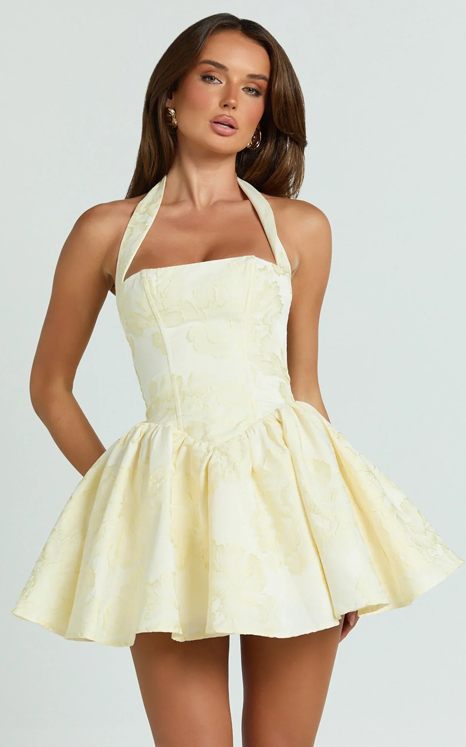 Maddy Mini Dress Square Neck Halter Fit And Flare Dress in Lemon - luluinthesky