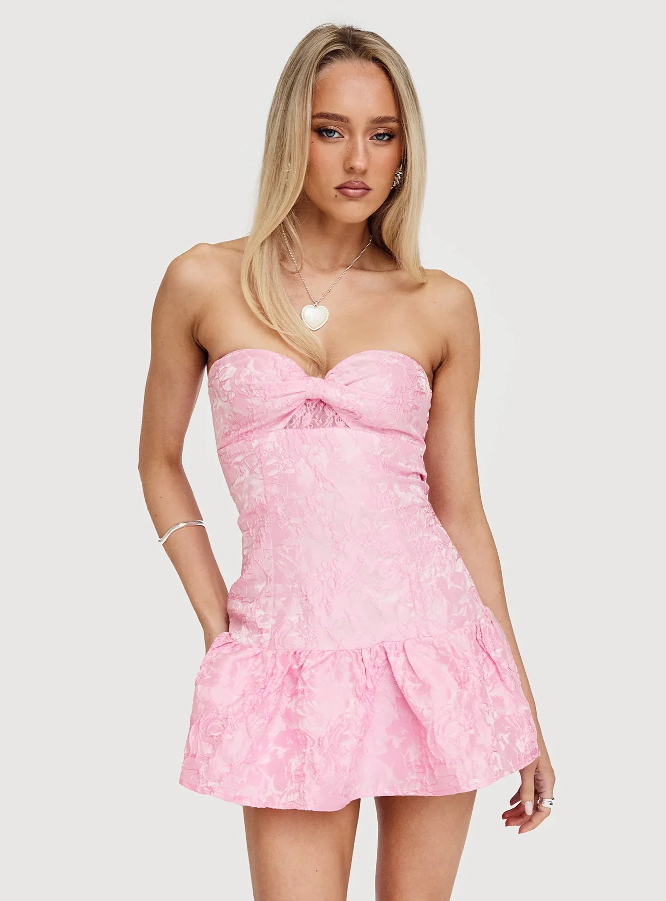Aubriana strapless mini dress pink jacquard - luluinthesky
