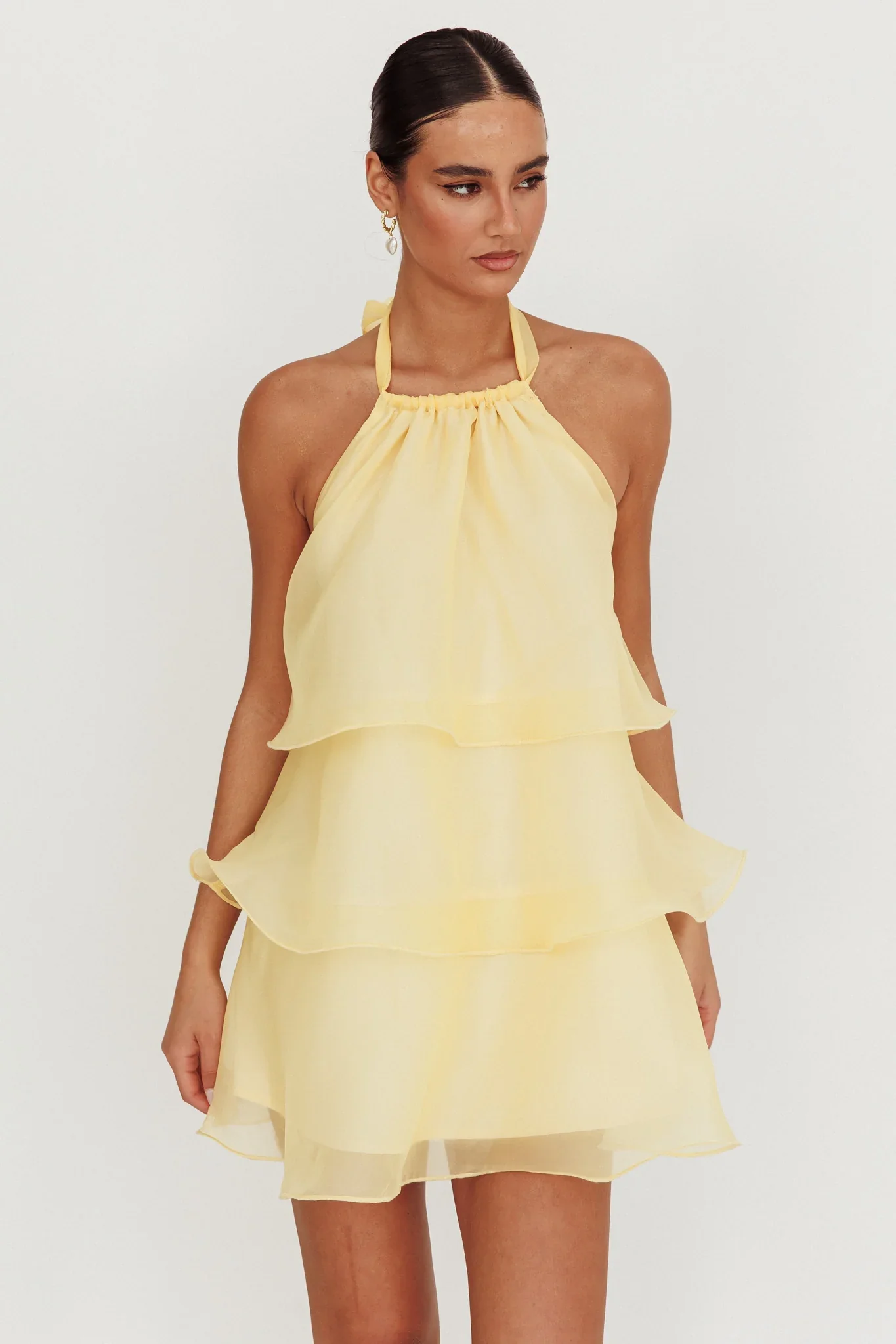 Tulips Tiered Halterneck Mini Dress Lemon - luluinthesky