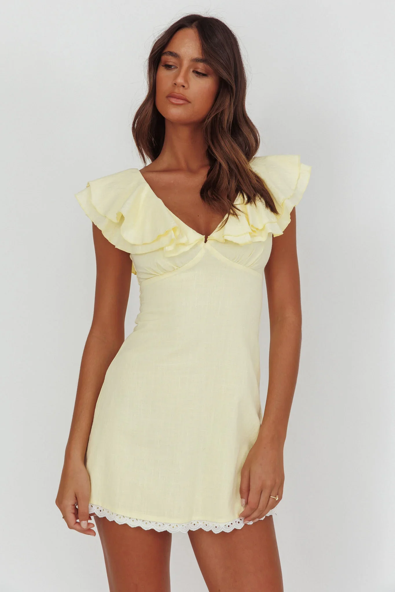 Unpredictable Layered Ruffle Neckline Mini Dress Butter - luluinthesky