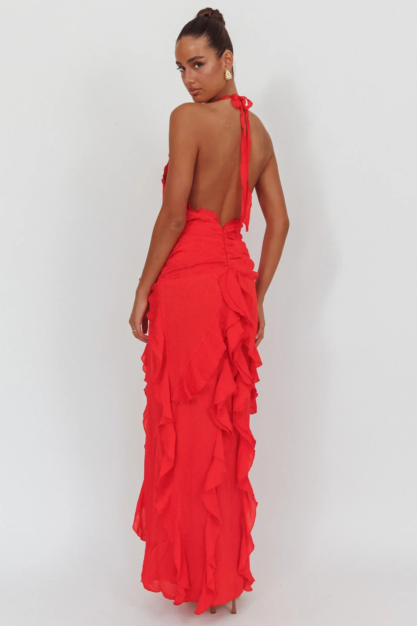 Libre Plunging Halter Ruffle Maxi Dress Red - luluinthesky
