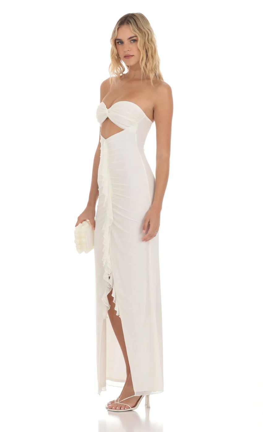 Mesh Cutout Ruffle Maxi Dress in White - luluinthesky