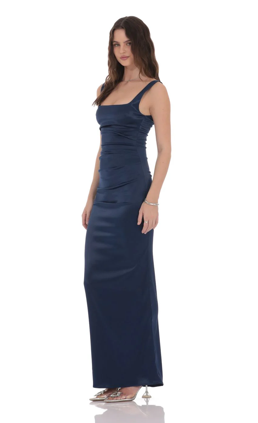 Satin Bodycon Maxi Dress in Navy - luluinthesky