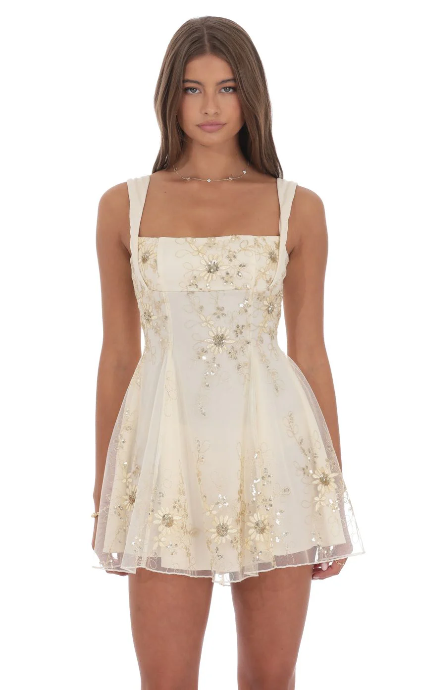 Floral Gold Sequin Fit and Flare Dress in Ivory - luluinthesky