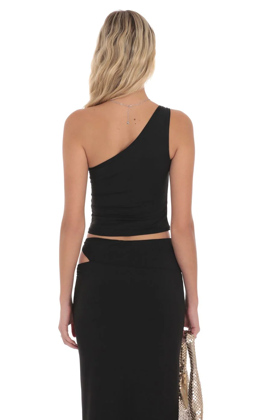 One Shoulder Embellished Top in Black - luluinthesky