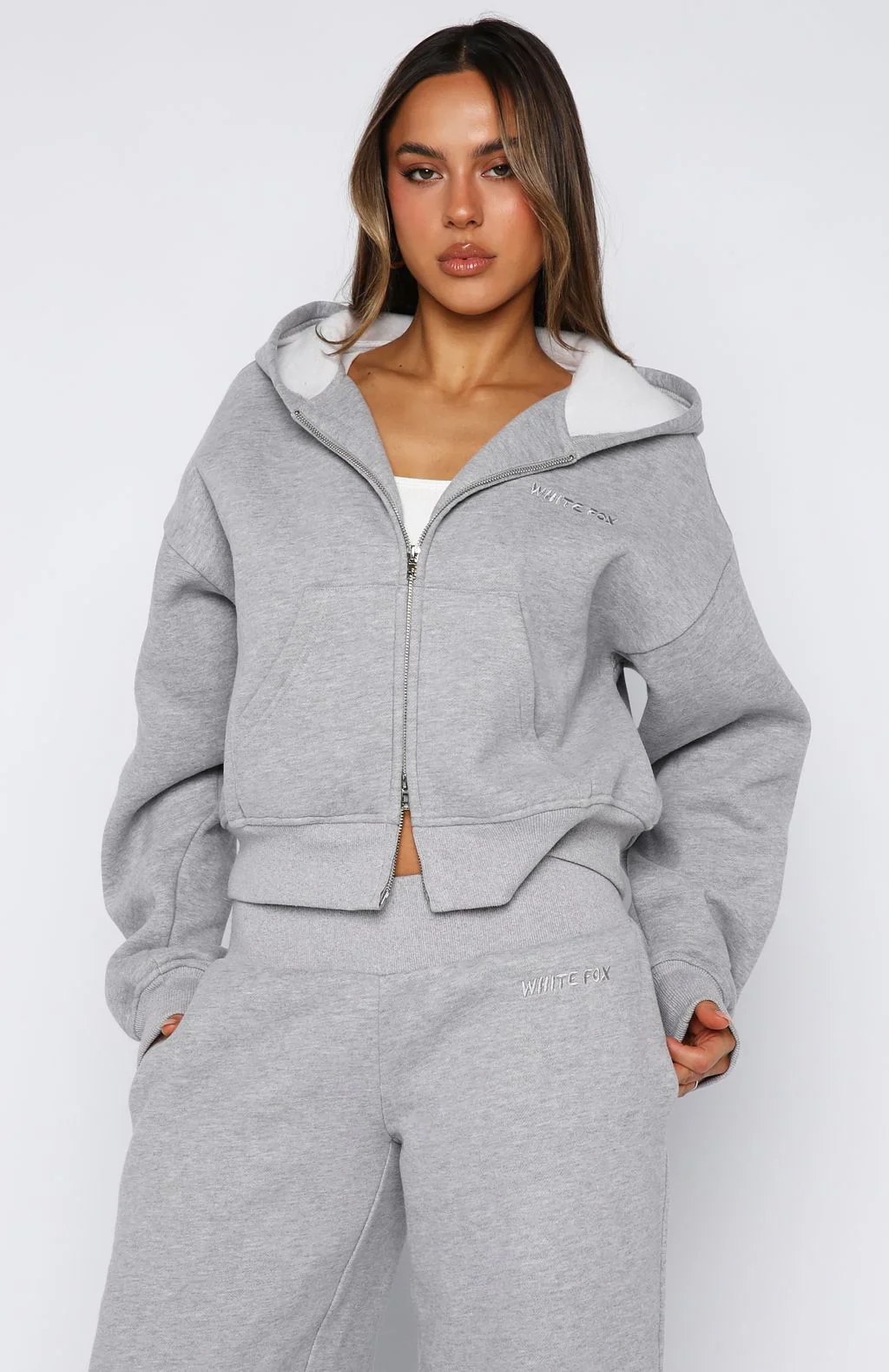Come A Long Way Boxy Zip Front Hoodie Grey Marle - luluinthesky