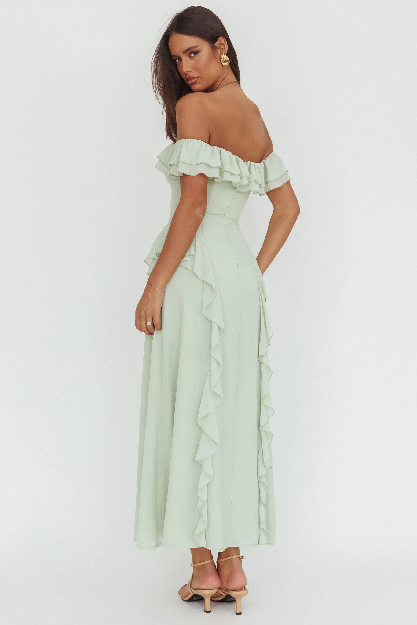 Scarlet Off-Shoulder Ruffle Trim Maxi Dress Sage - luluinthesky