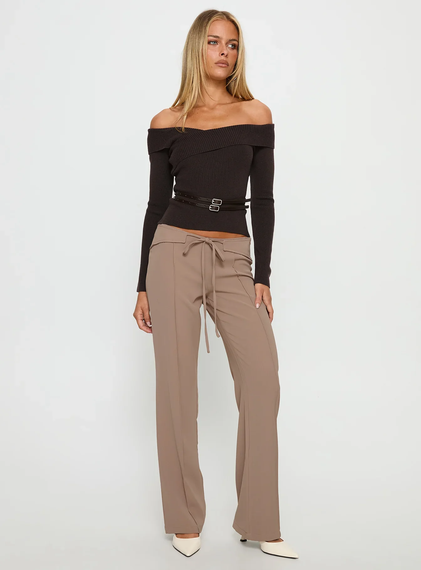 Ellenore Belt Detail Off Shoulder Top Brown - luluinthesky
