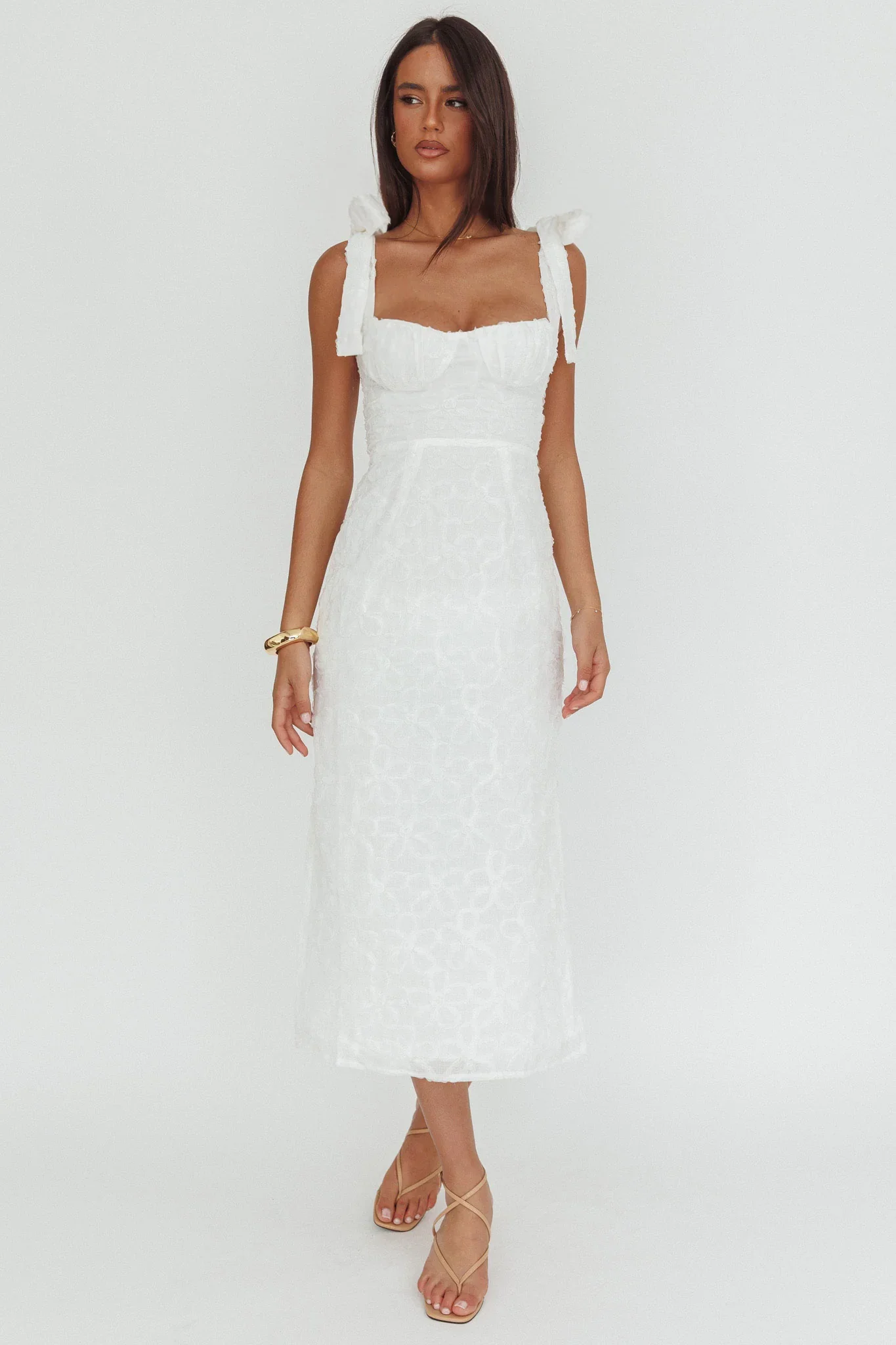 Cupid Tied Shoulder Embellished Midi Dress White - luluinthesky