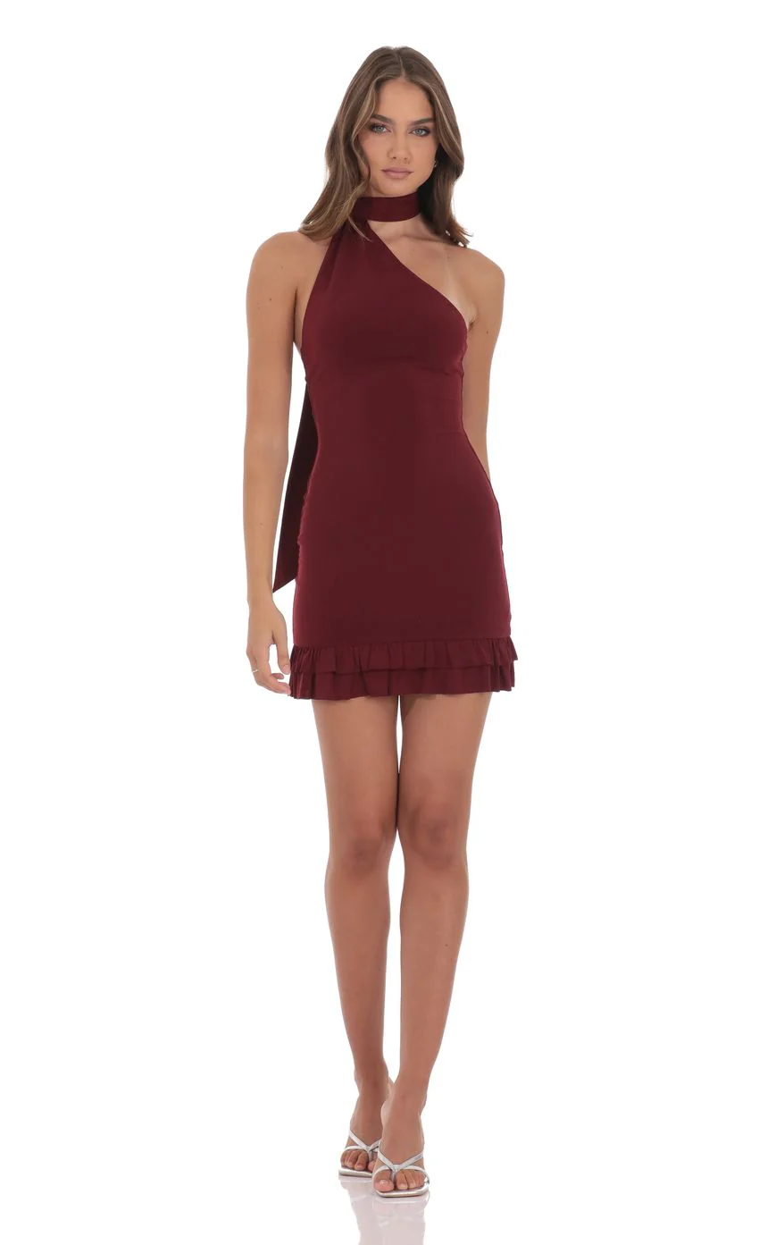 Scarf Halter Ruffle Dress in Burgundy - luluinthesky