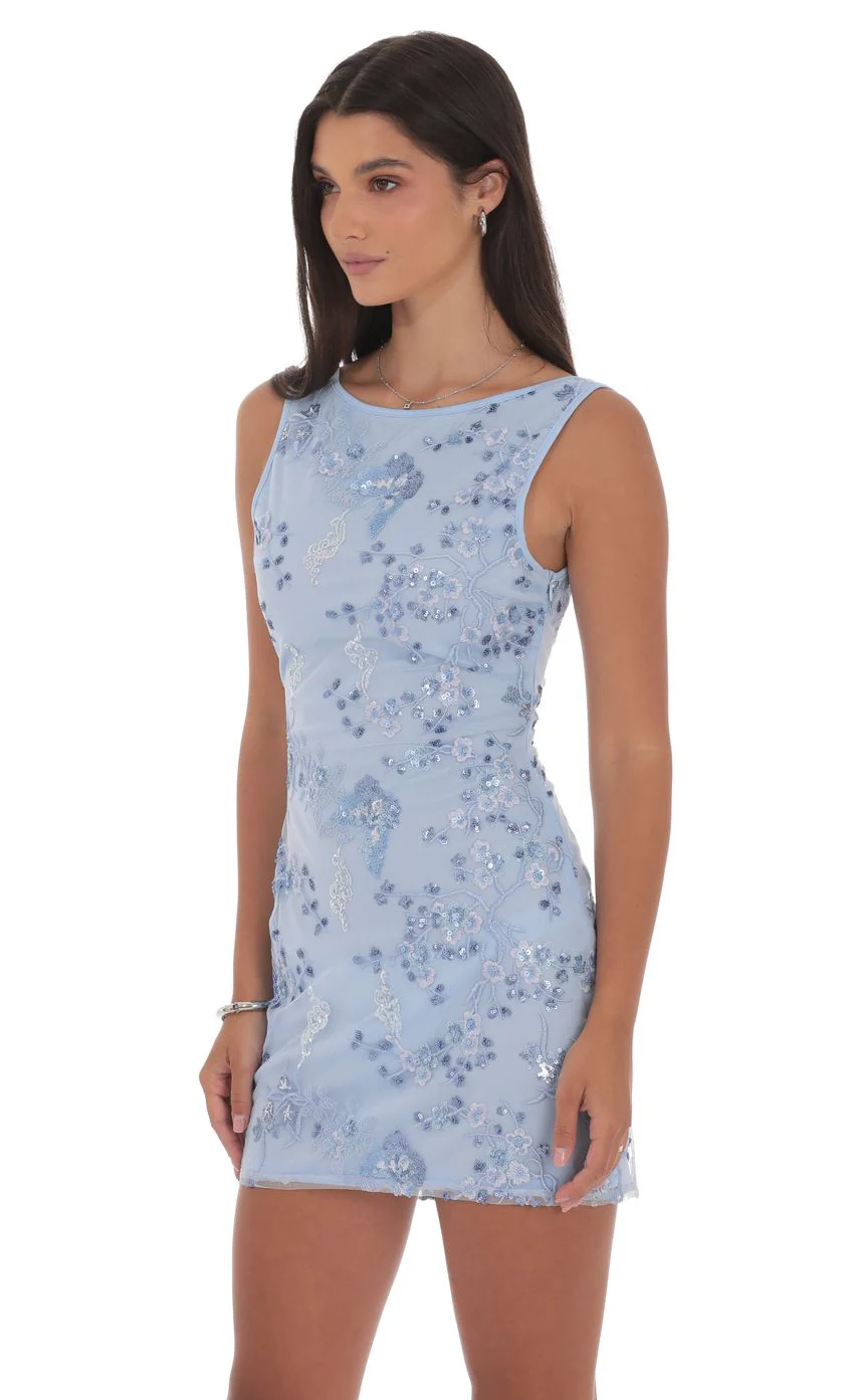 High Neck Floral Bodycon Dress in Light Blue - luluinthesky