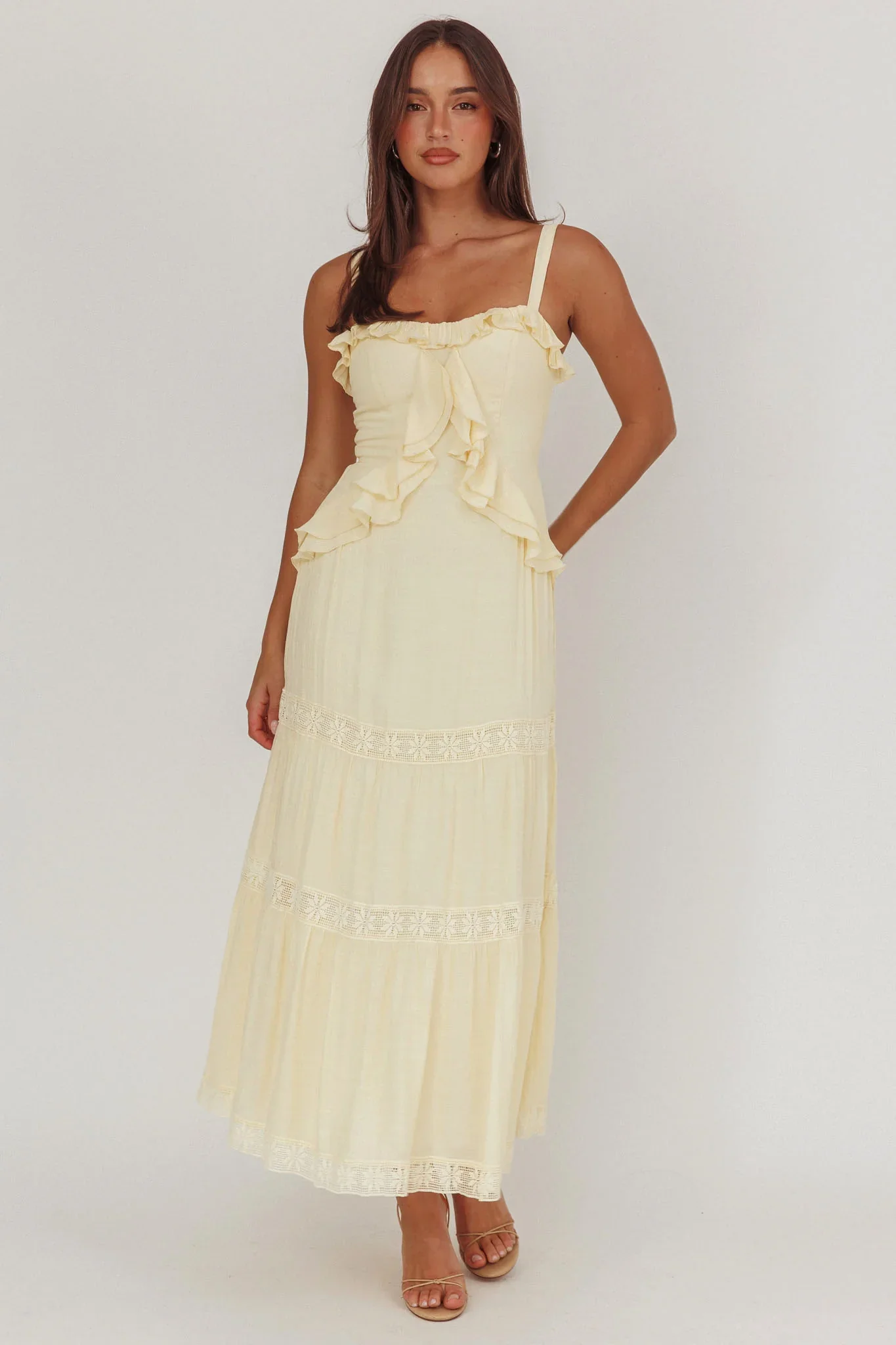 Vienna Sky Frill And Crochet Trim Maxi Dress Cream - luluinthesky