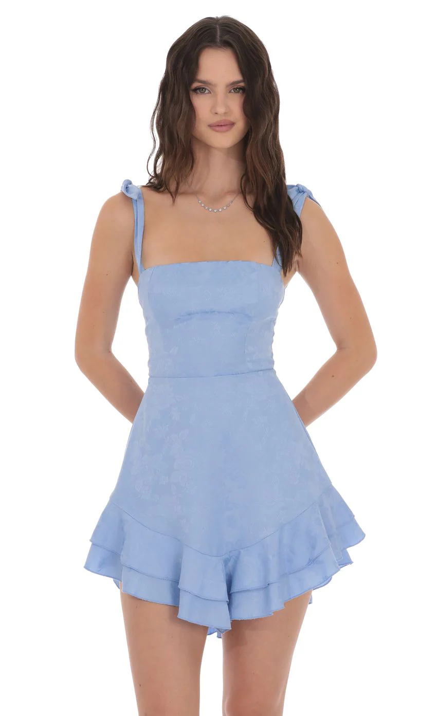 Floral Jacquard Ruffle A-line Dress in Light Blue - luluinthesky