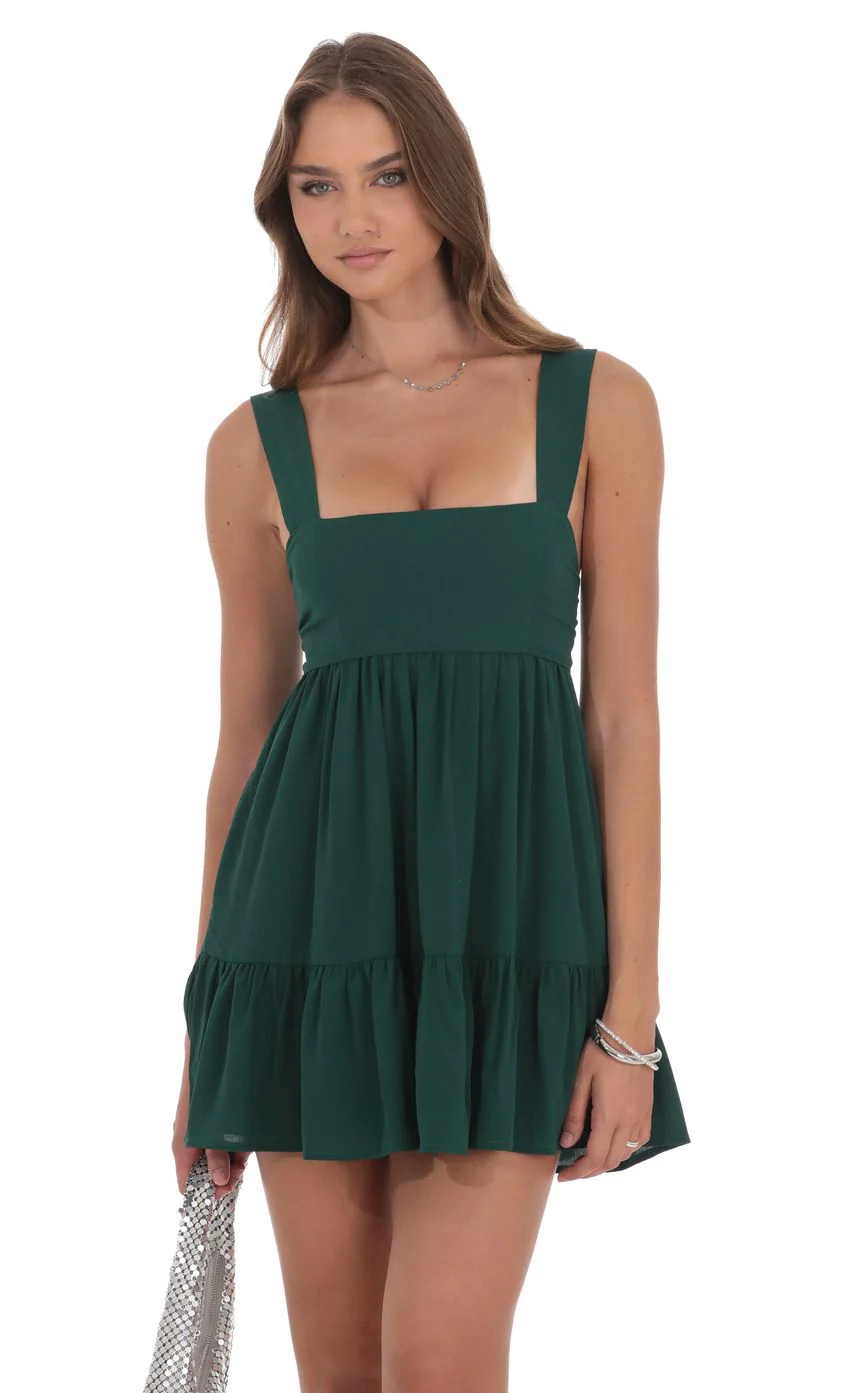 Square Neckline Babydoll Dress in Forest Green - luluinthesky