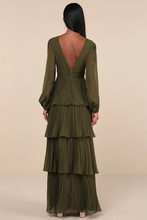 Graceful Finesse Olive Green Pleated Long Sleeve Maxi Dress - luluinthesky