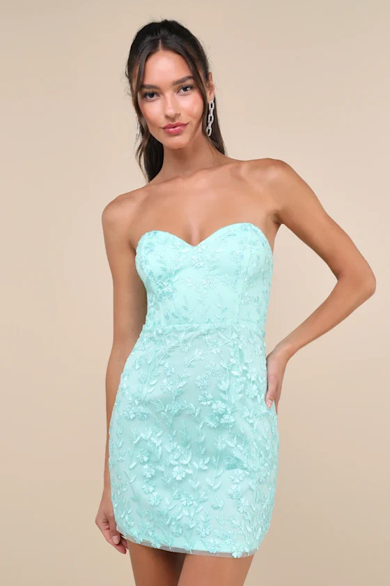 Exquisite Sensation Teal Floral Embroidered Strapless Mini Dress Lulus - luluinthesky