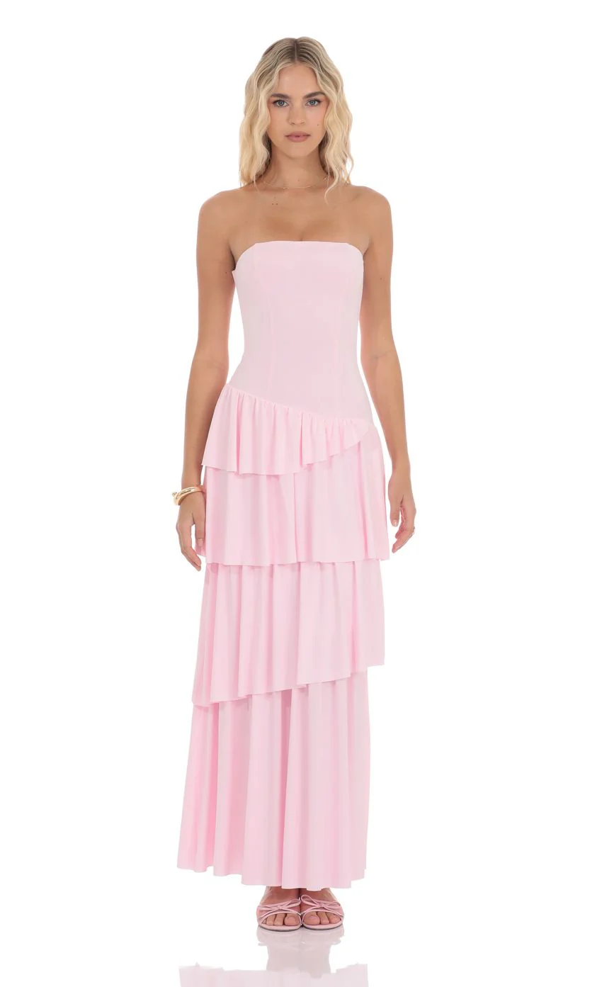 Strapless Asymmetrical Ruffle Maxi Dress in Pink - luluinthesky