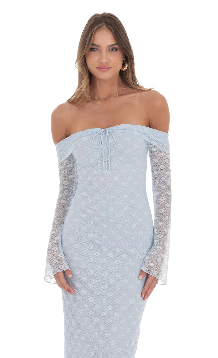 Lace Off Shoulder Maxi Dress in Light Blue - luluinthesky