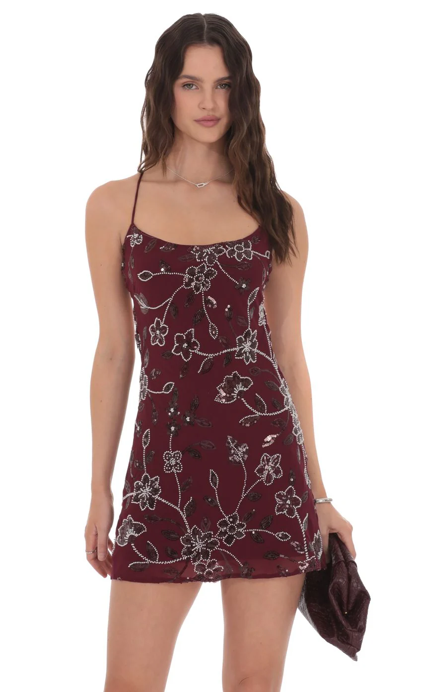 Floral Beaded Sequin Open Back Dress in Burgundy - luluinthesky