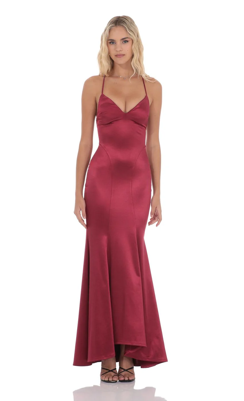 Satin Open Back Mermaid Maxi Dress in Maroon - luluinthesky