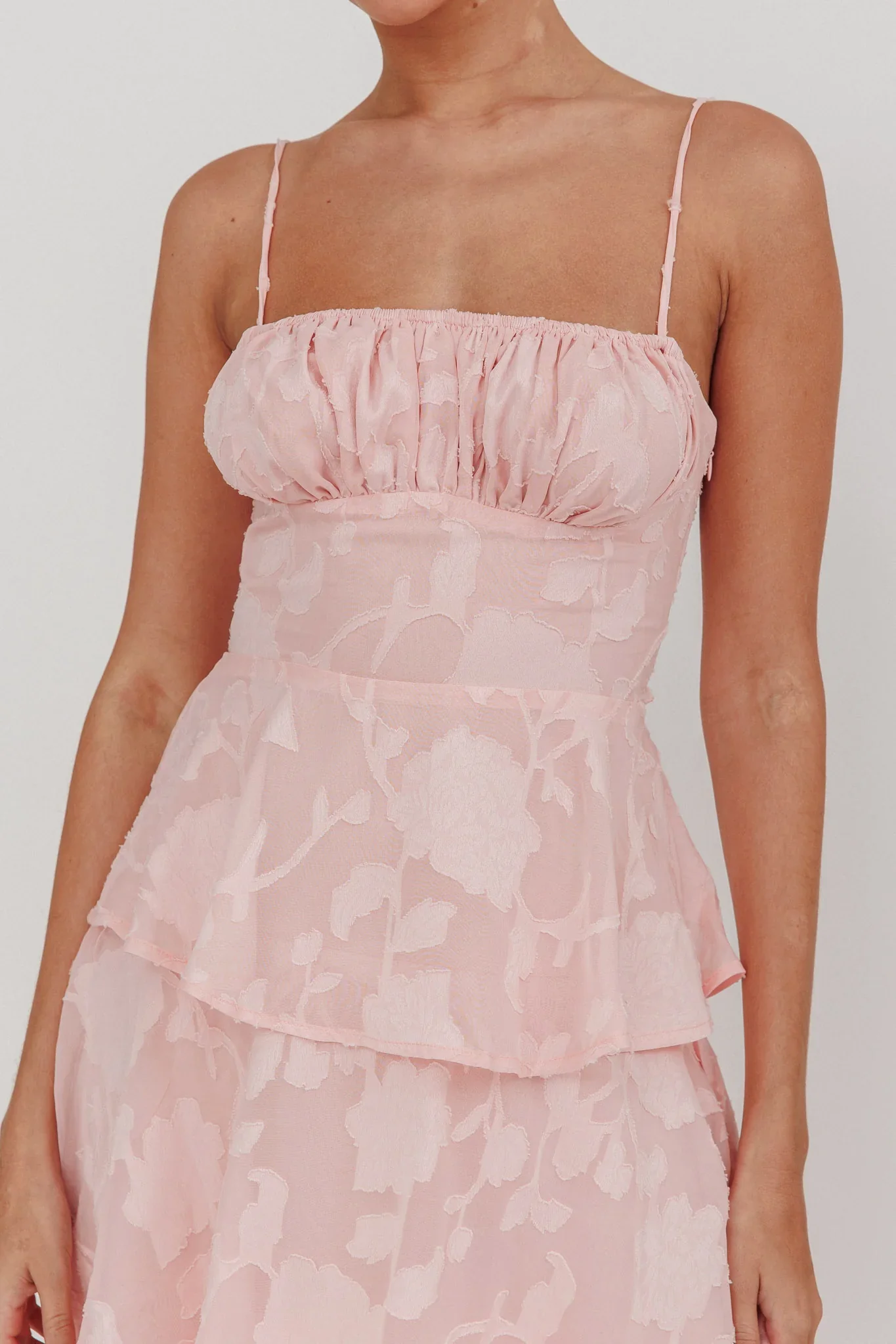 Provence Bloom Tiered Maxi Dress Jacquard Pink - luluinthesky