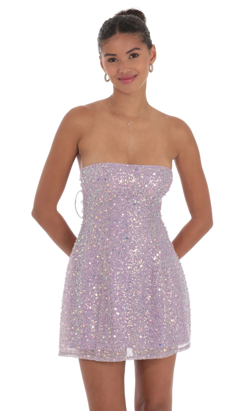 Sequin Glitter Strapless Fit and Flare Dress in Lilac - luluinthesky