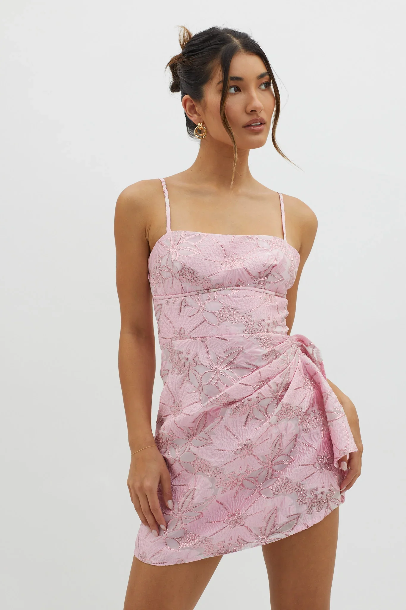 Sterling Gathered Waist Embroidery Mini Dress Pink - luluinthesky