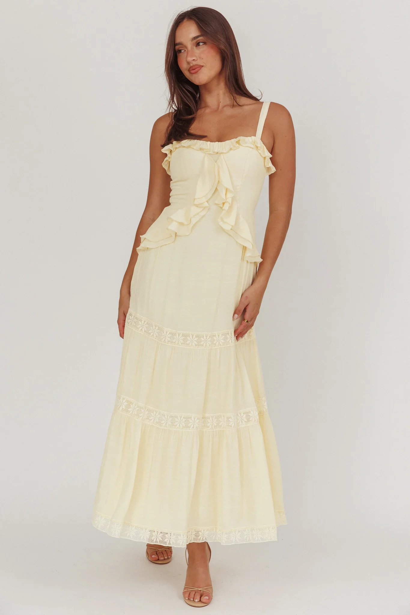 Vienna Sky Frill And Crochet Trim Maxi Dress Cream - luluinthesky