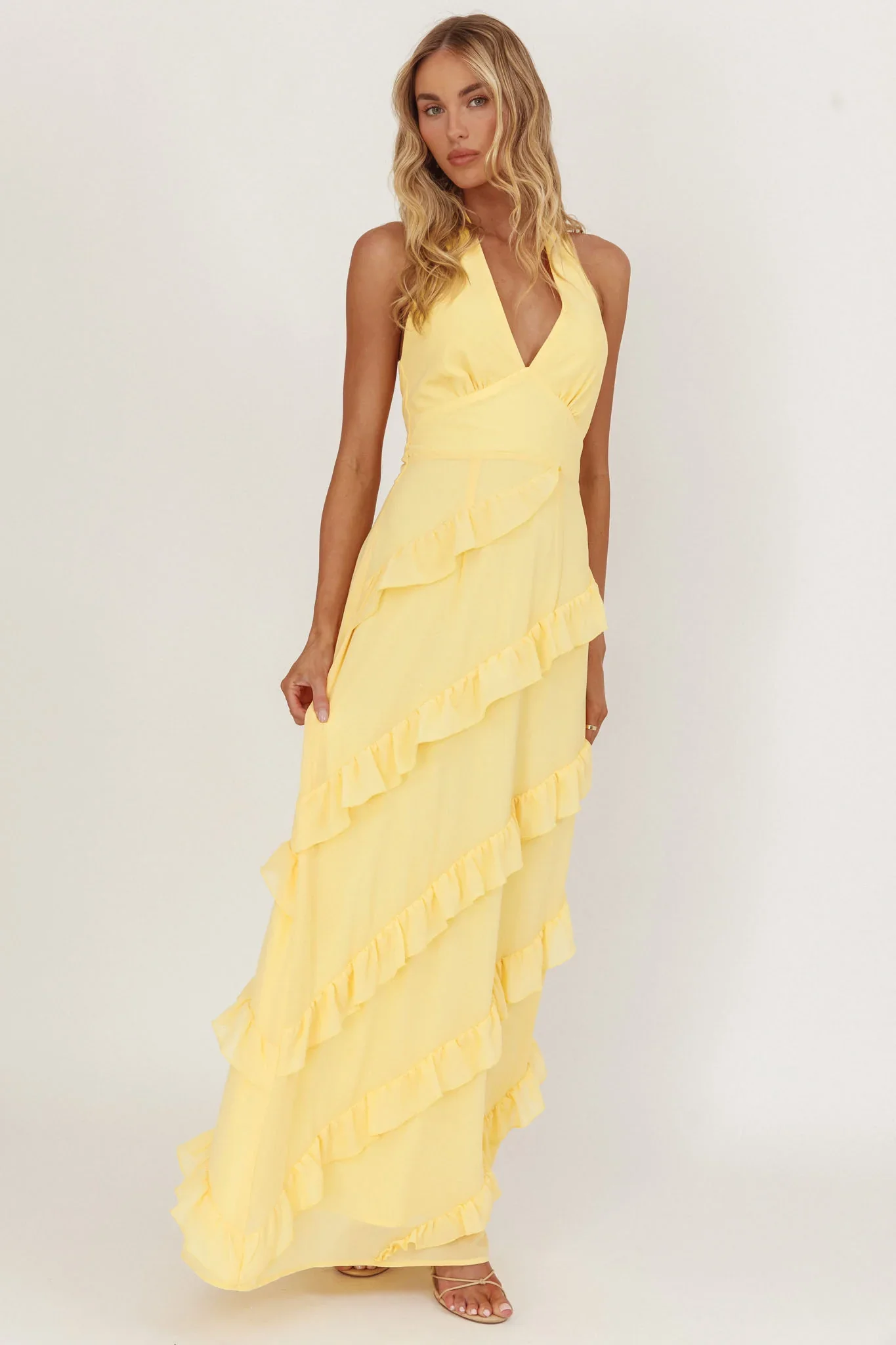 Flirt Frill Trim Halter Maxi Dress Lemon - luluinthesky