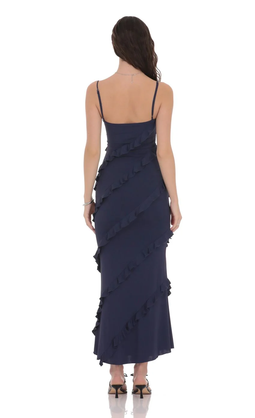 Ruffle V-Neck Maxi Dress in Navy - luluinthesky