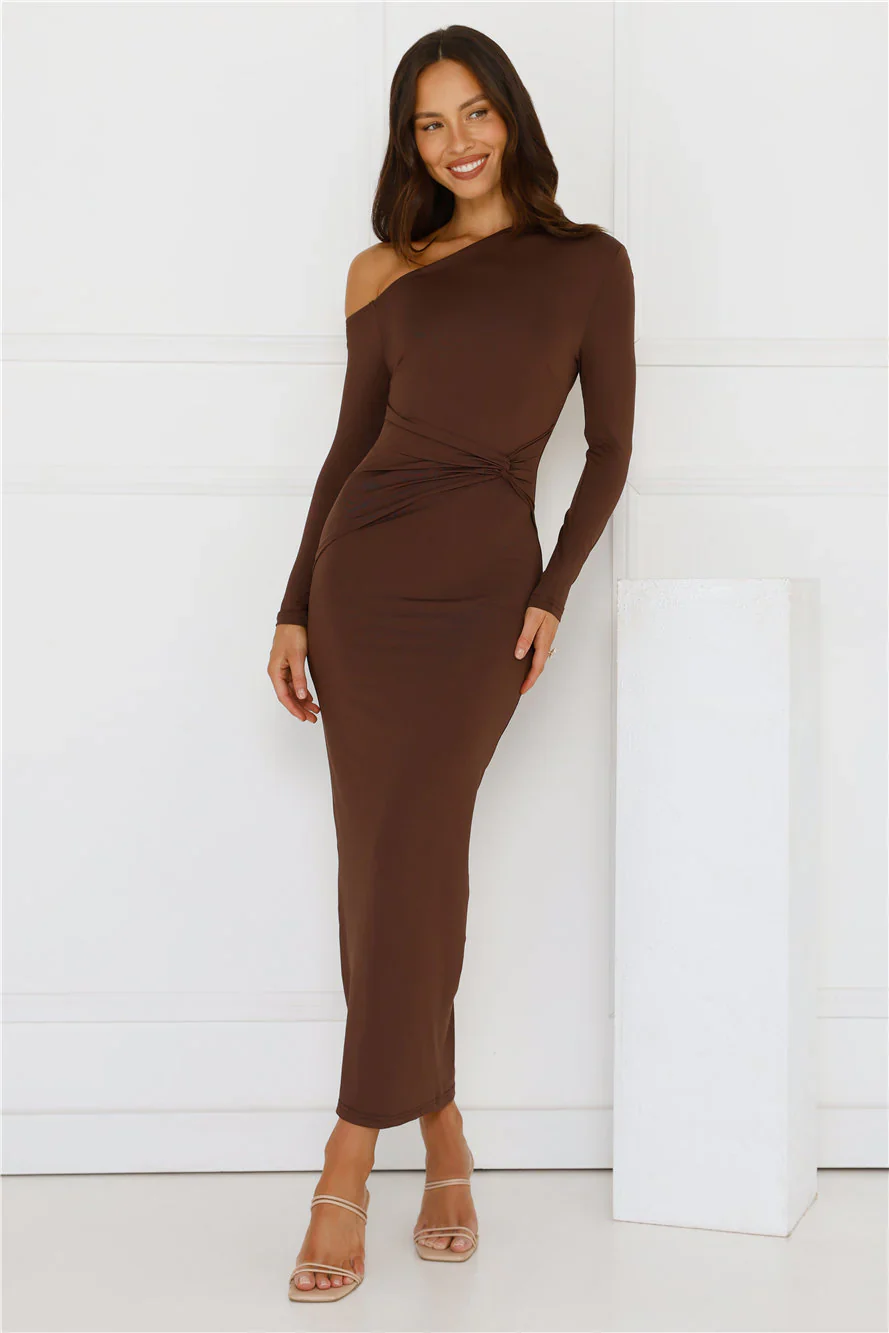 Looks That Talk Off Shoulder Maxi Dress Brown - luluinthesky