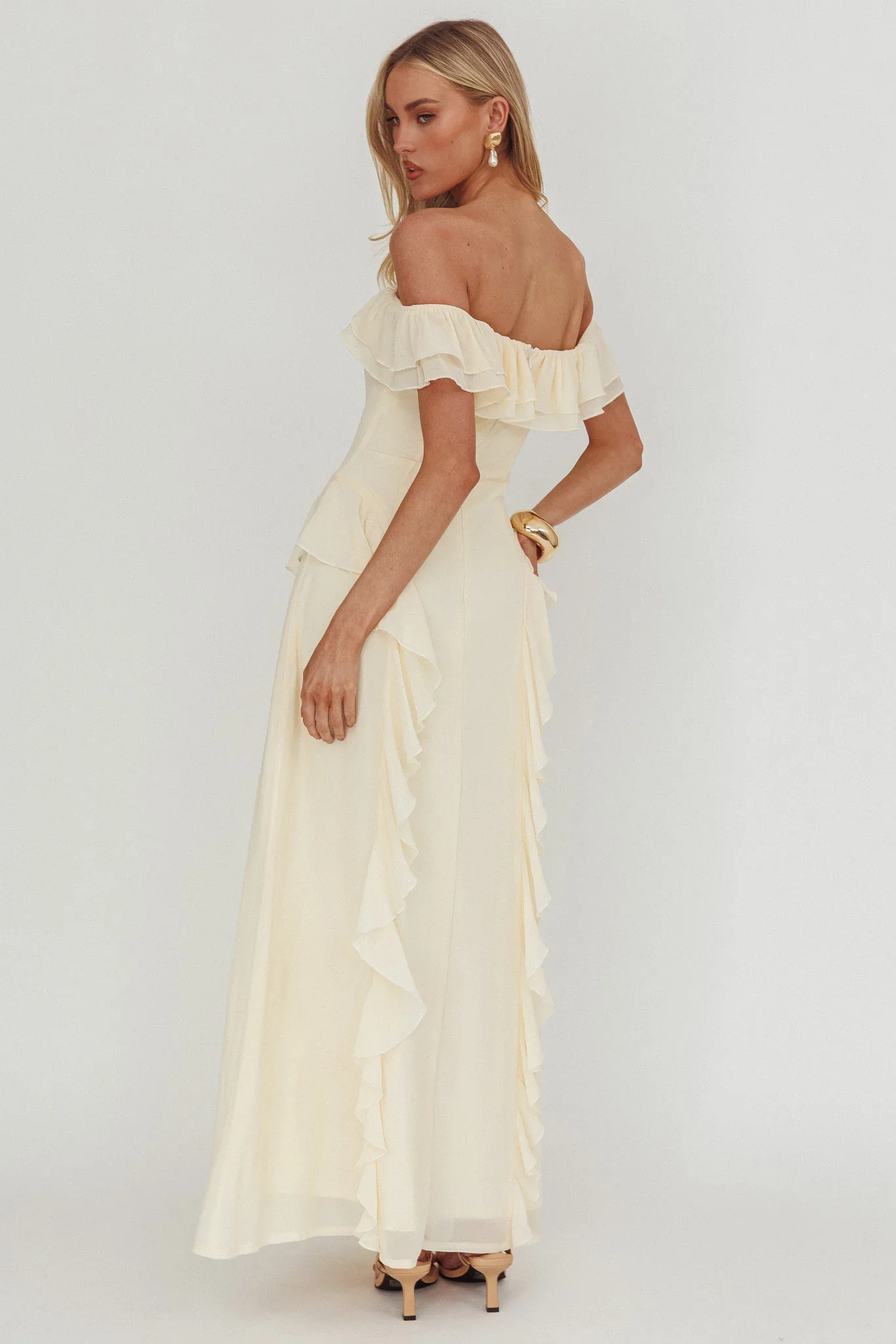 Scarlet Off-Shoulder Ruffle Trim Maxi Dress Butter - luluinthesky